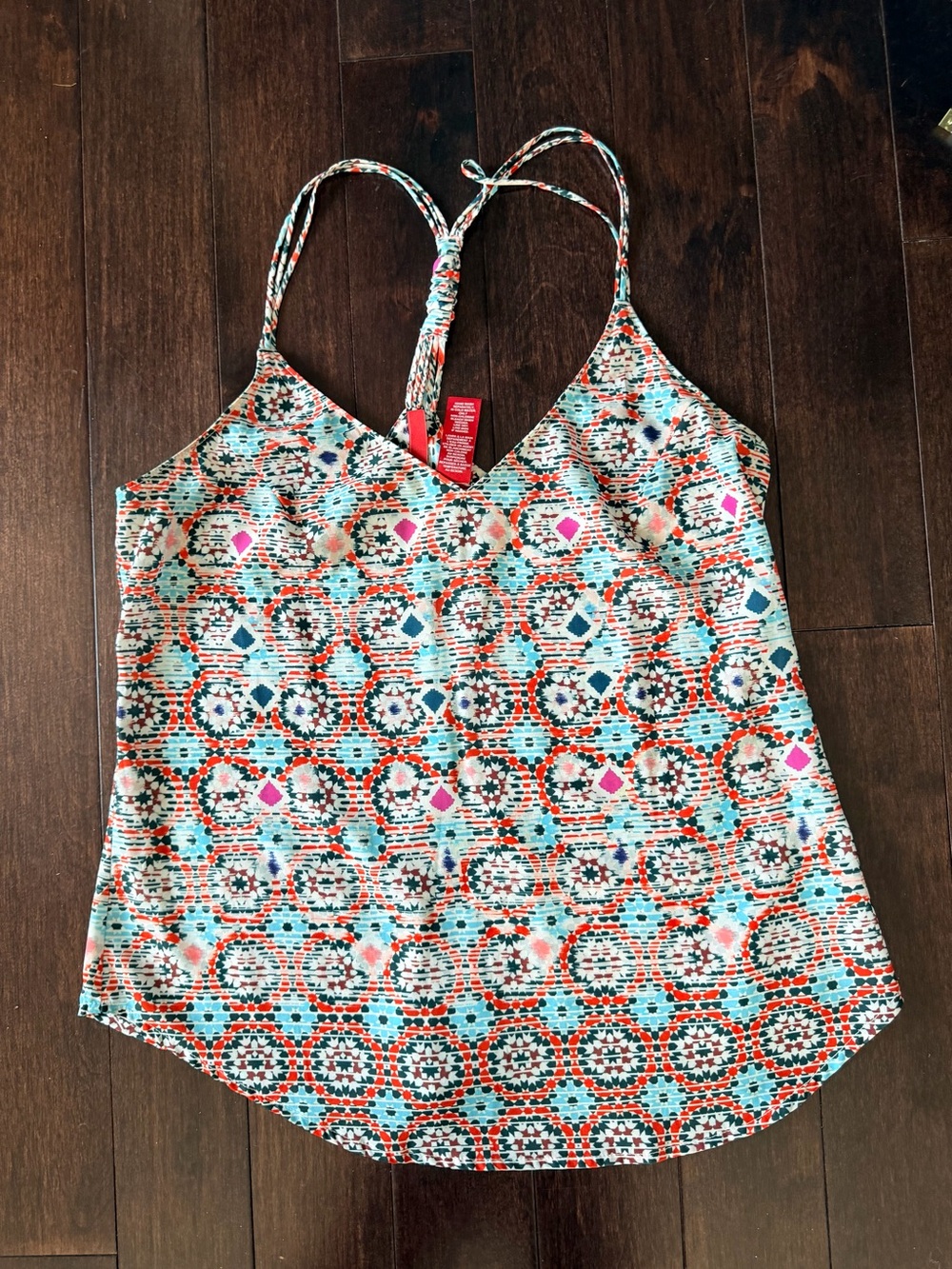 5/48 Small Geometric V-Neck Strappy Print Camisole Tank Top- Aqua Multi